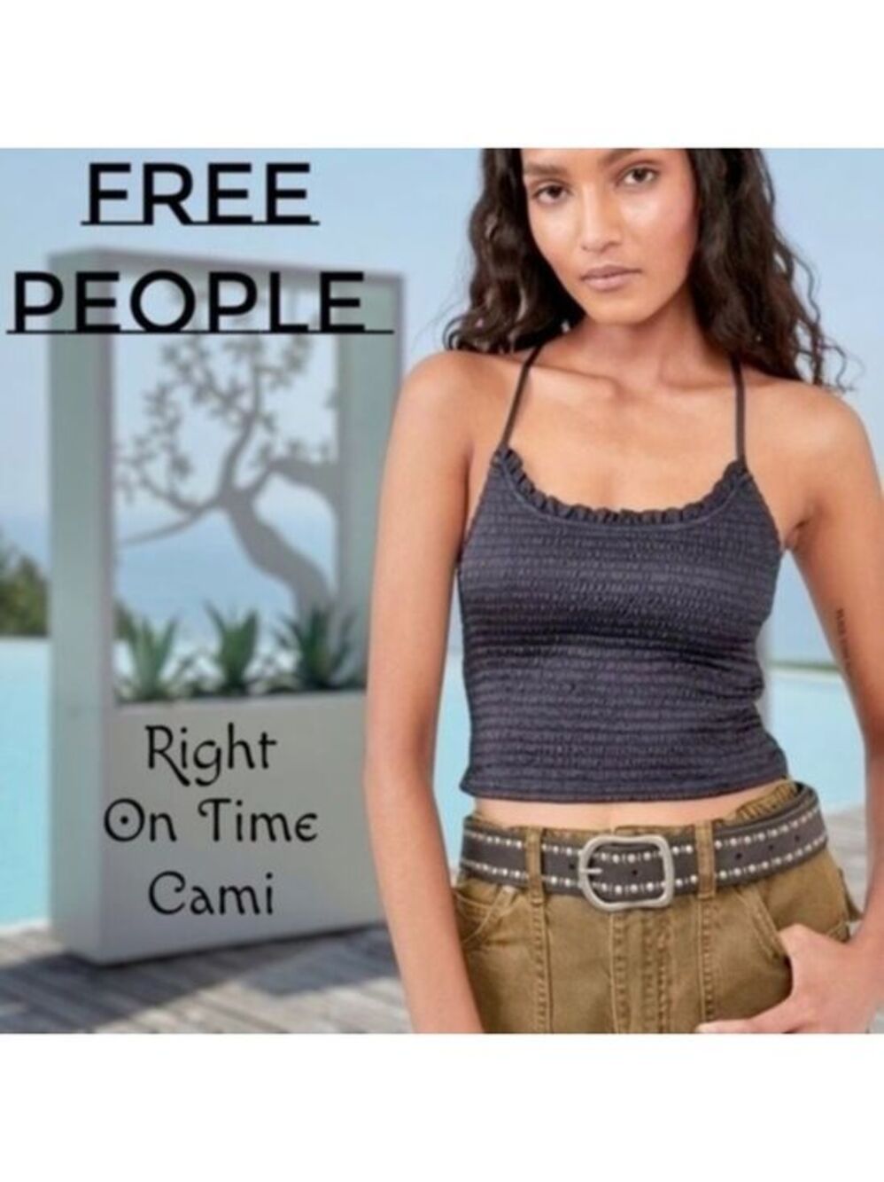 FREE PEOPLE Right On Time Scoop Neck Adjustable Strap Smocked Satin Cami NWT